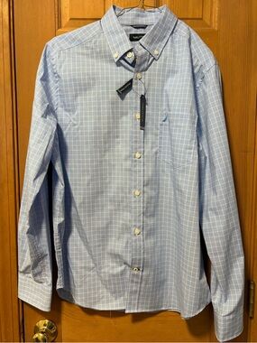 Nautica Men’s Light Blue Plaid Grid Button-Down Shirt NWT